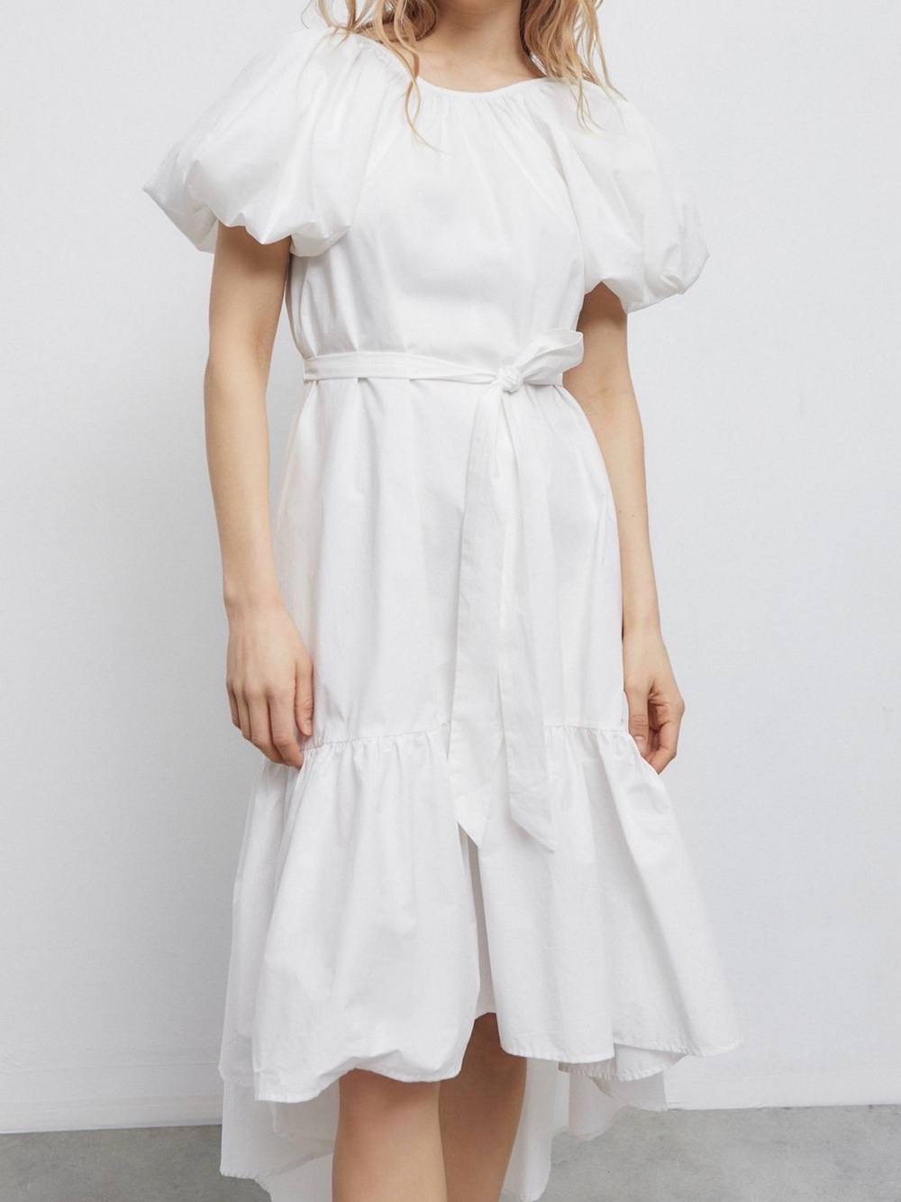 Urban Outfitters White Puff-Sleeve Midi Dress with Waist Tie
